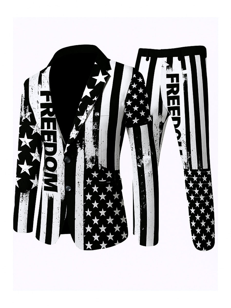Men's Freedom American Flag Print Casual Jacket Trousers Two-Piece Suits